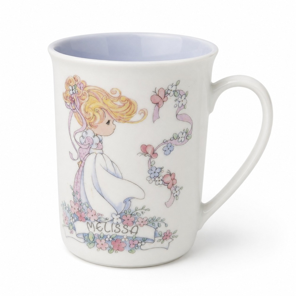 Precious Moments Melissa Mug 1993 Enesco Ceramic White Blue Excellent Vintage